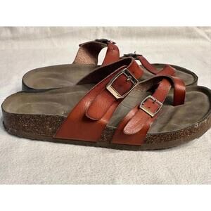 madden girl Women’s Brown Cork Footbed Sandals – Triple Strap Buckle  6